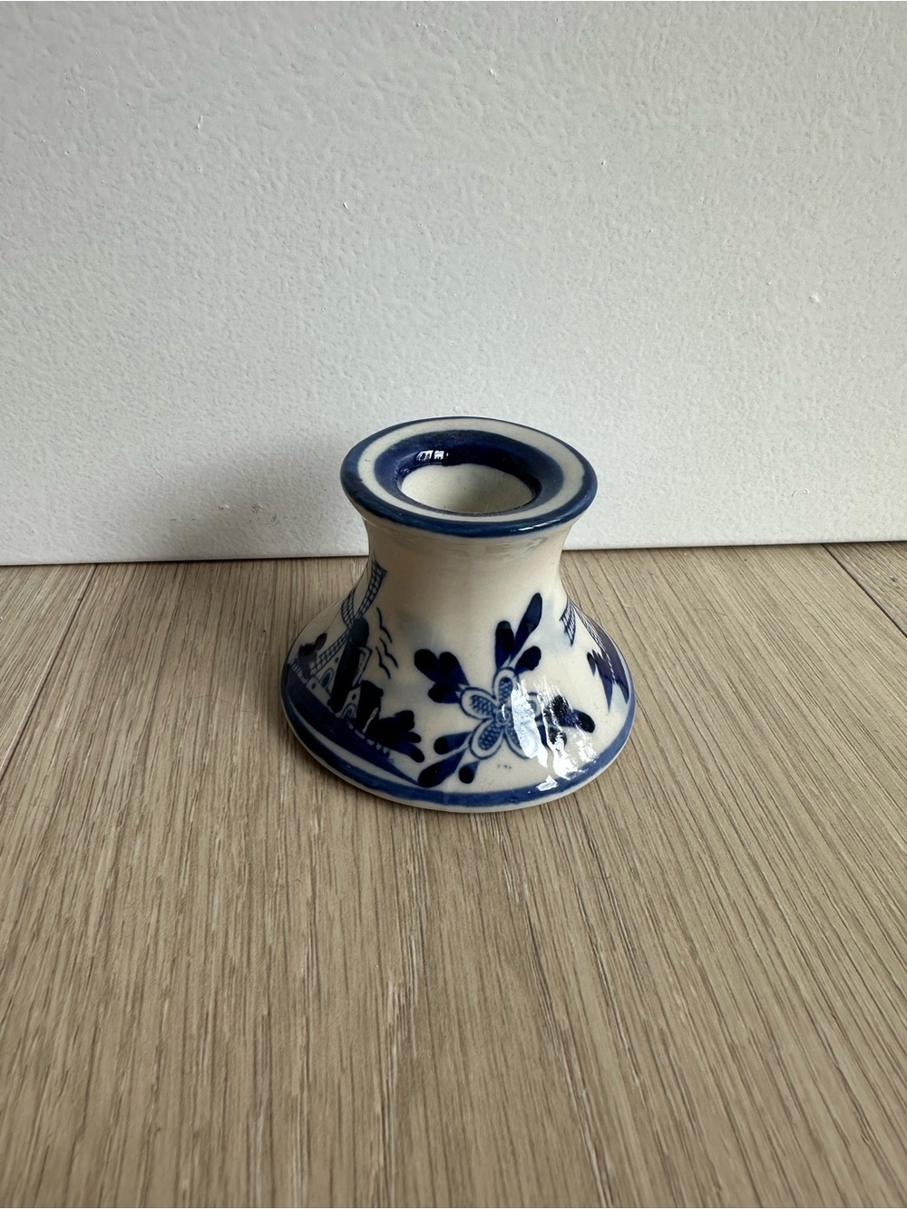 Vintage Blue & White Delft Style Pottery Candlestick Holder